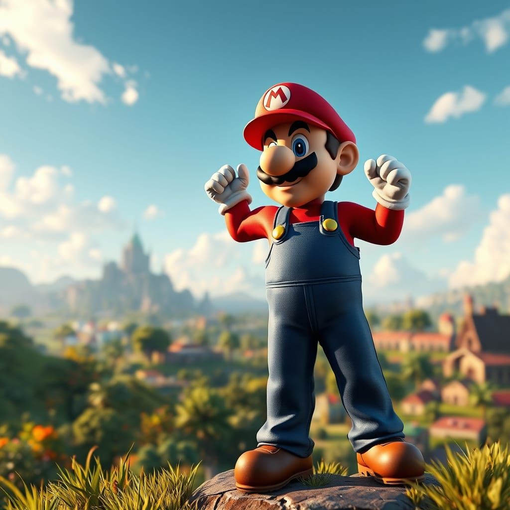Heroic Mario in a Vibrant Fortnite Landscape
