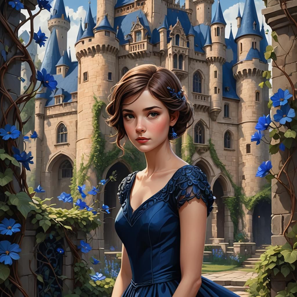 Fairytale Woman with Blue Flower, Graphic Illustration