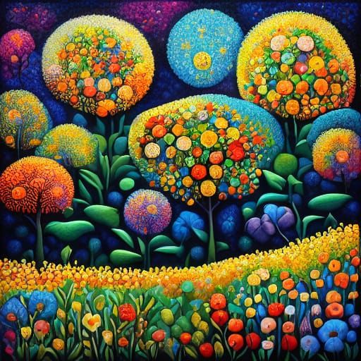 Whimsical Garden of Giant Flowers and Odd Plants in Crayon M...