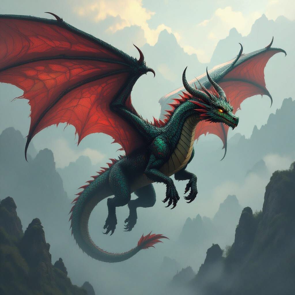 Majestic Dragon Soaring Through Misty Skies