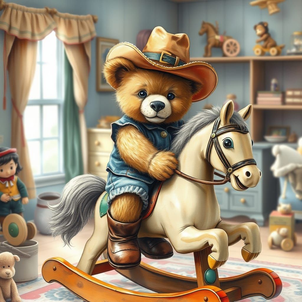 Teddy Bear Cowboy on Rocking Horse, Storybook Illustration