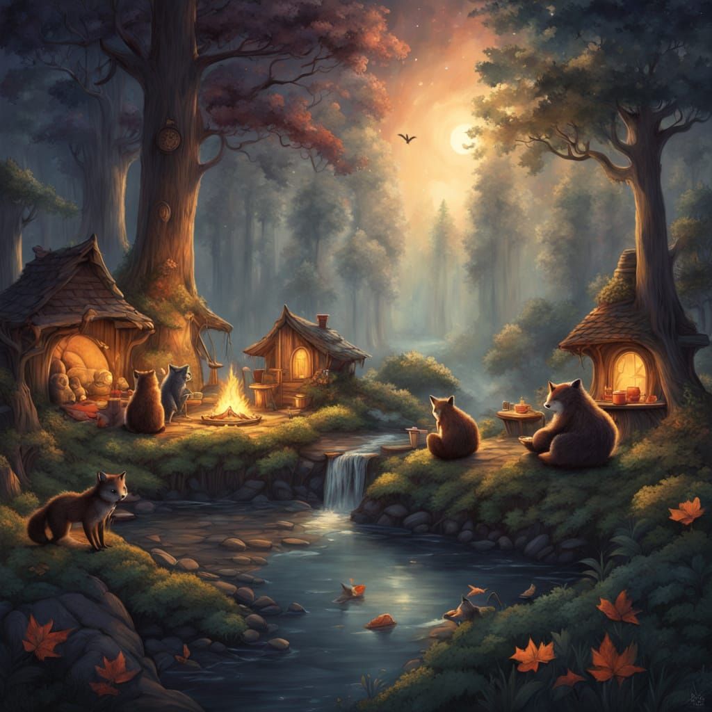 Wild Animals Gather at Magical Forest Campfire