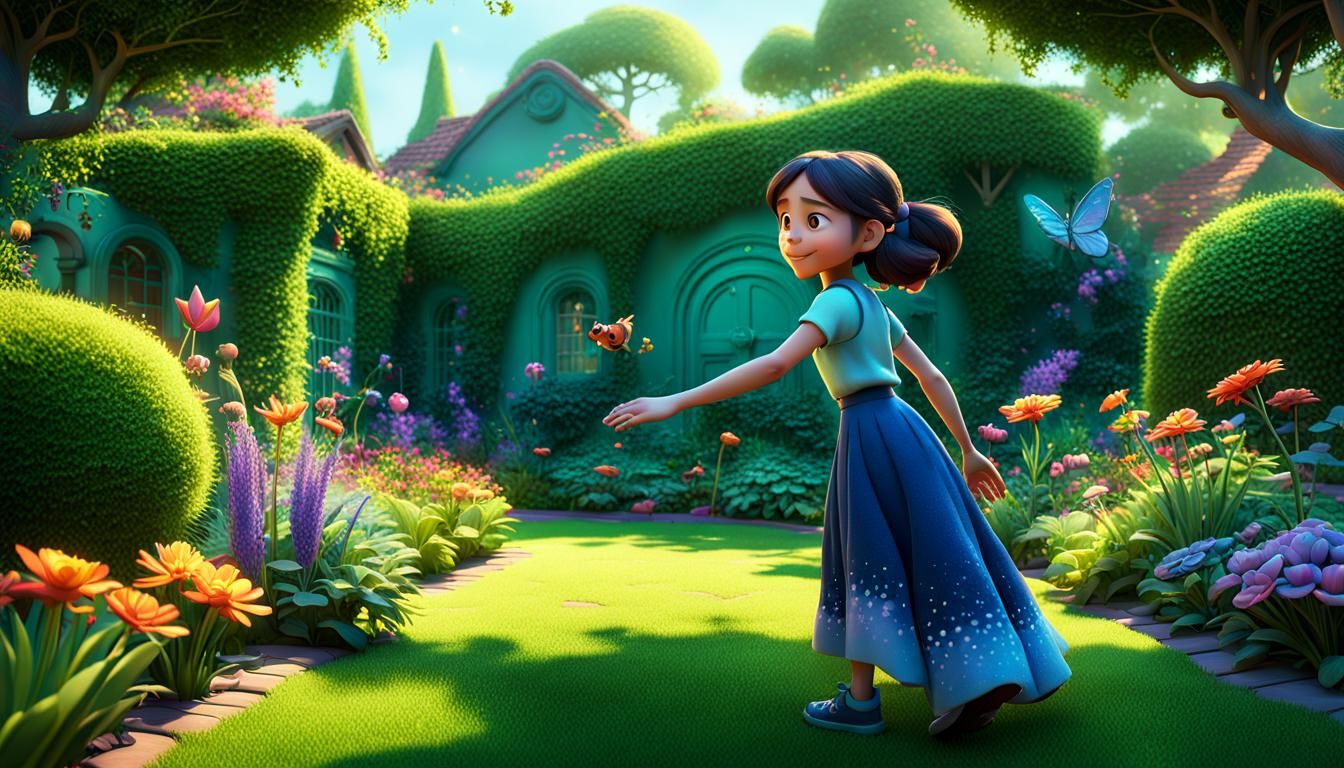 Girl Playing in Garden, 3D Digital Art