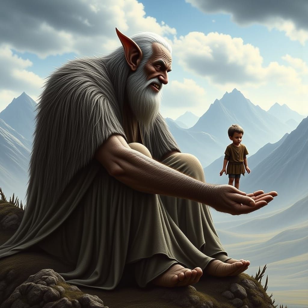 Elderly Giant with Child in Fantasy Landscape