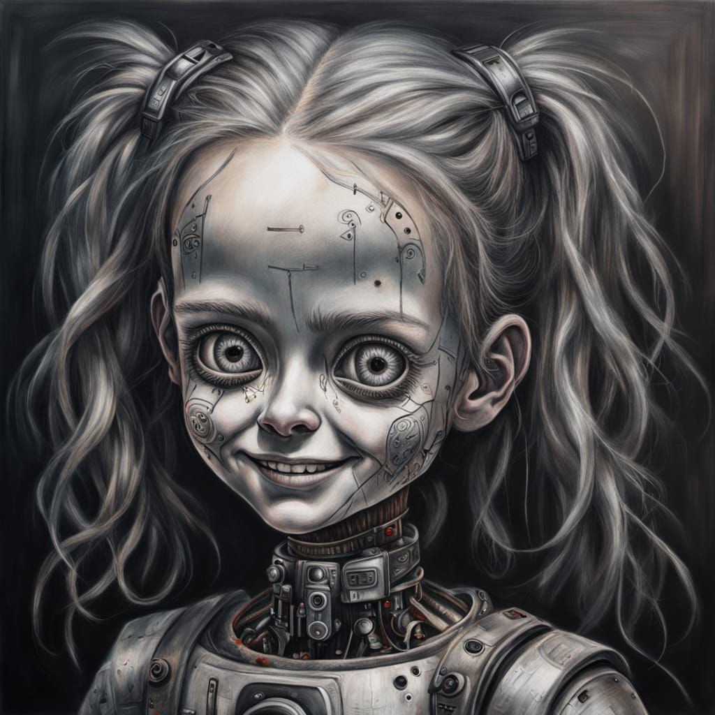 a little cyborg girl sad , painting a oil painting on canvas...