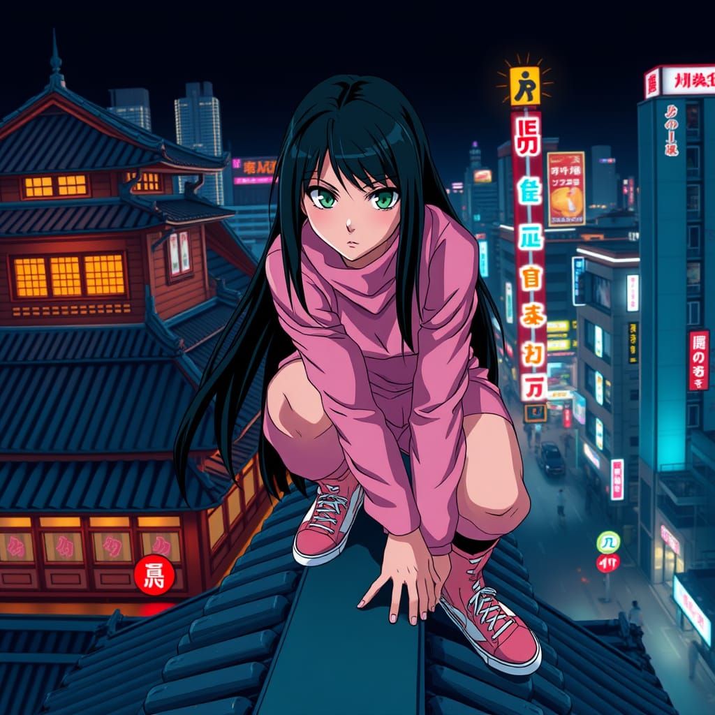 Ninja Girl on Rooftop in Manga Anime Style