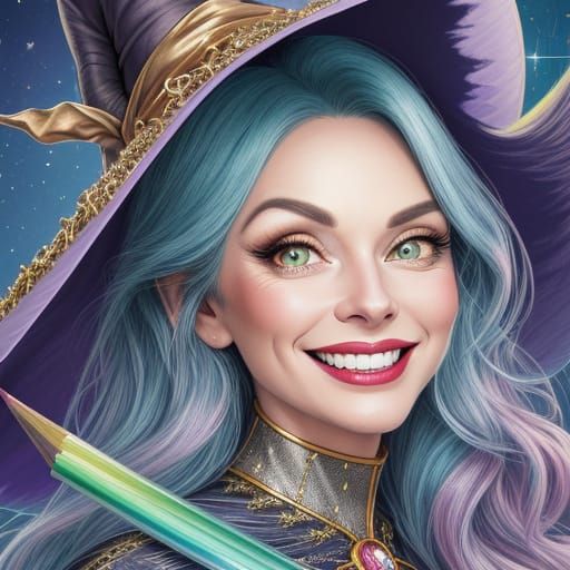 A colored pencil caricature of a happy witch with sparkly ey...