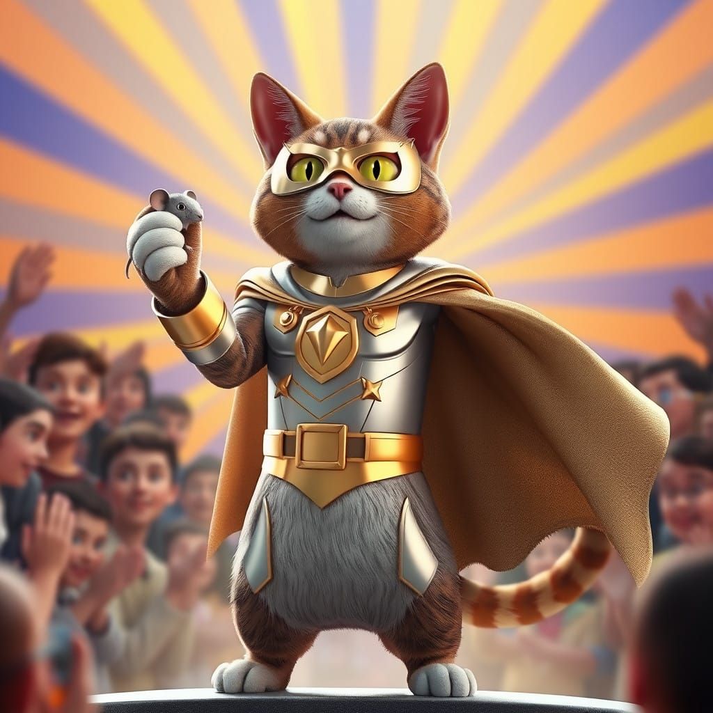 Majestic Feline Superhero in Silver and Gold
