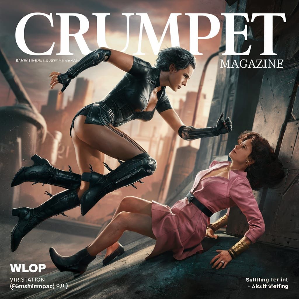 Bionic Woman Leaps in Dystopian Cityscape