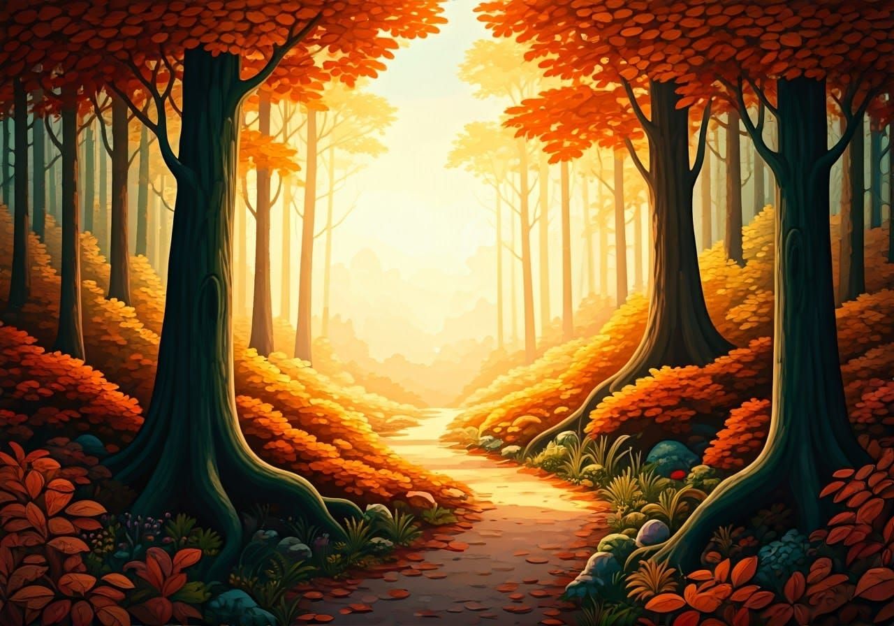 Autumn Forest Glade in Dreamy Watercolor Style