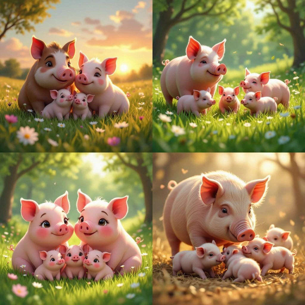 Adorable Pig Family in Detailed 3D Anime Art Style