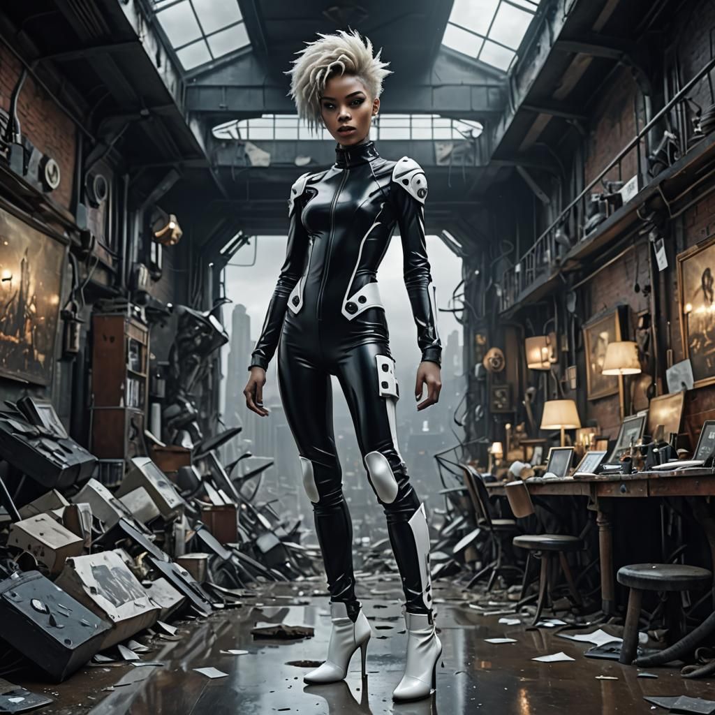 Ebony Figure in Latex Leotard with Punk Style