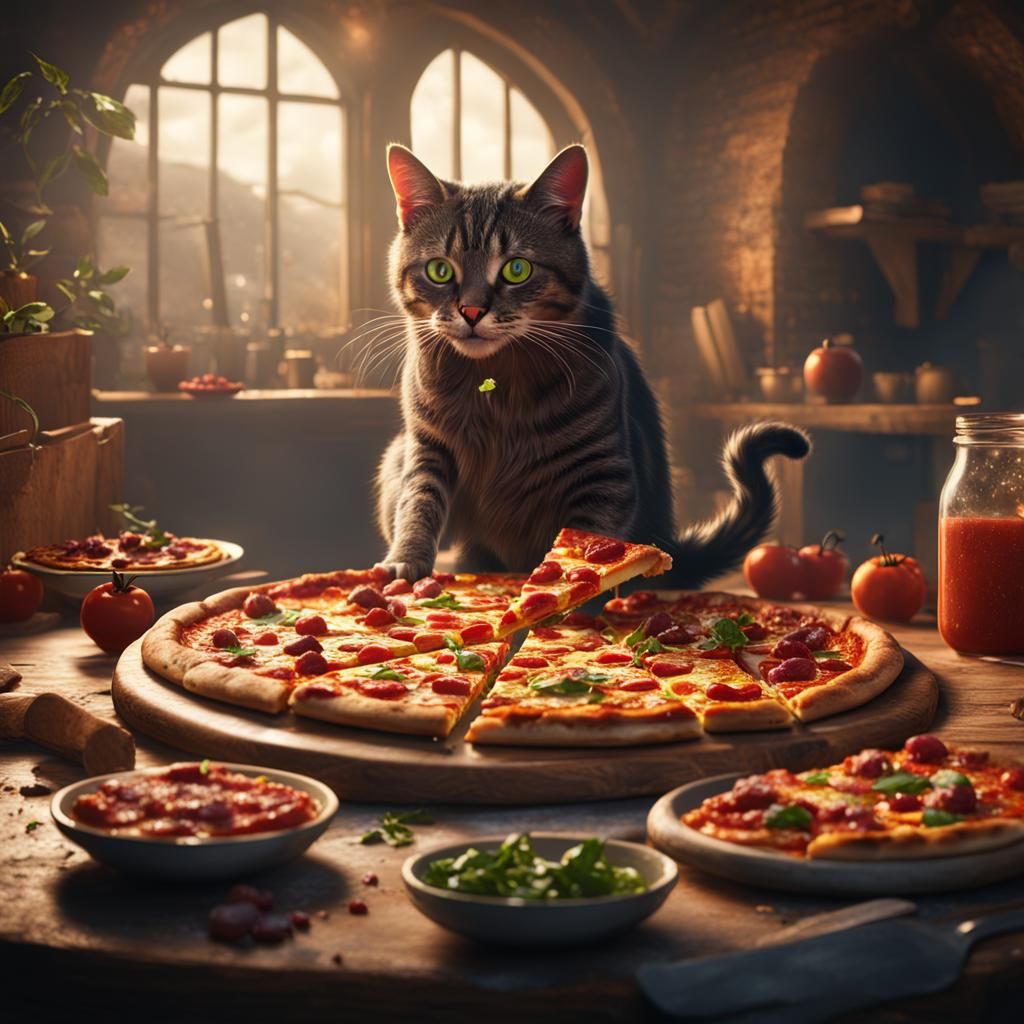 Cat Enjoys Pizza: Detailed Matte Painting