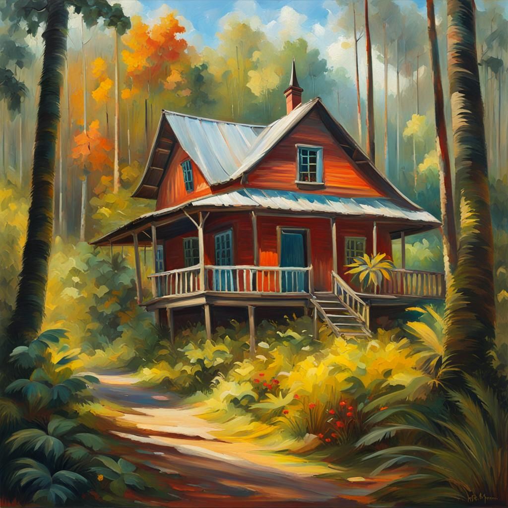 Scandinavian House in Tropical Fiesta, Oil Painting