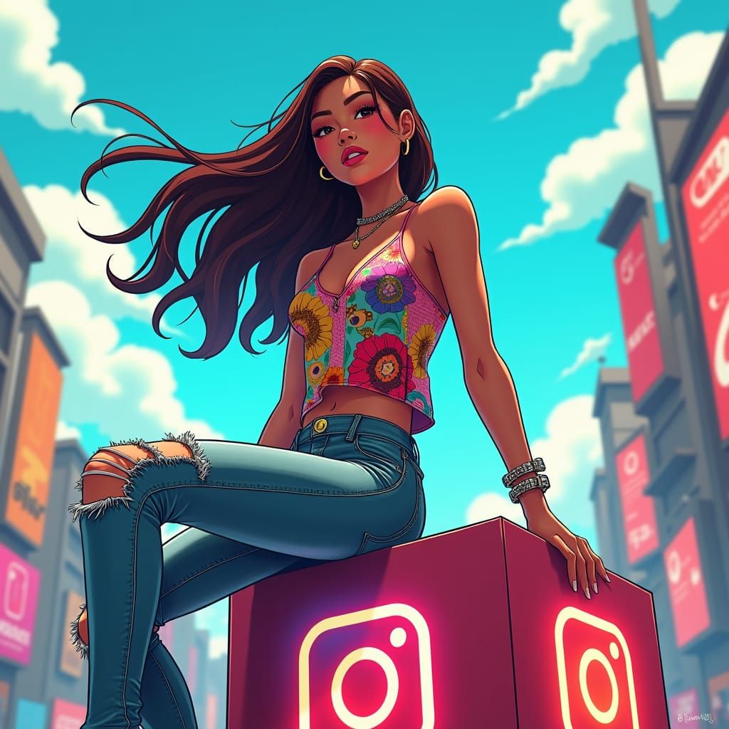 Trendy Anime Woman on Instagram Box in Digital Cityscape