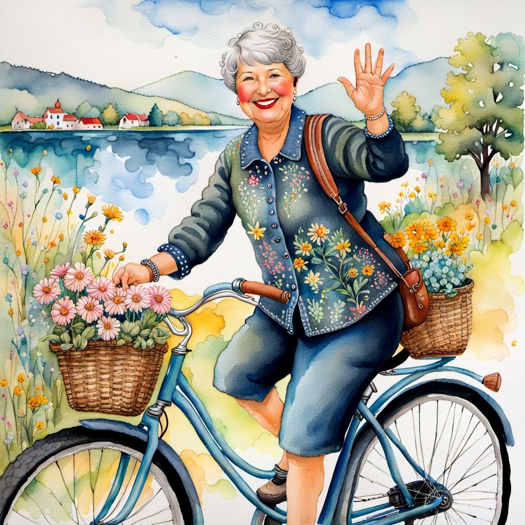 Happy Cyclist in Art Brut Watercolor Style