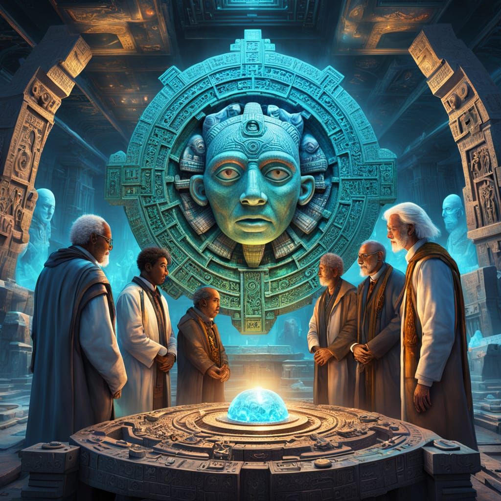 Futuristic Scientists Surround an Ancient Artifact