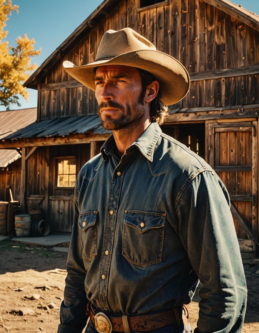 Vibrant 90s Cowboy Portrait in a Rustic Barn Setting