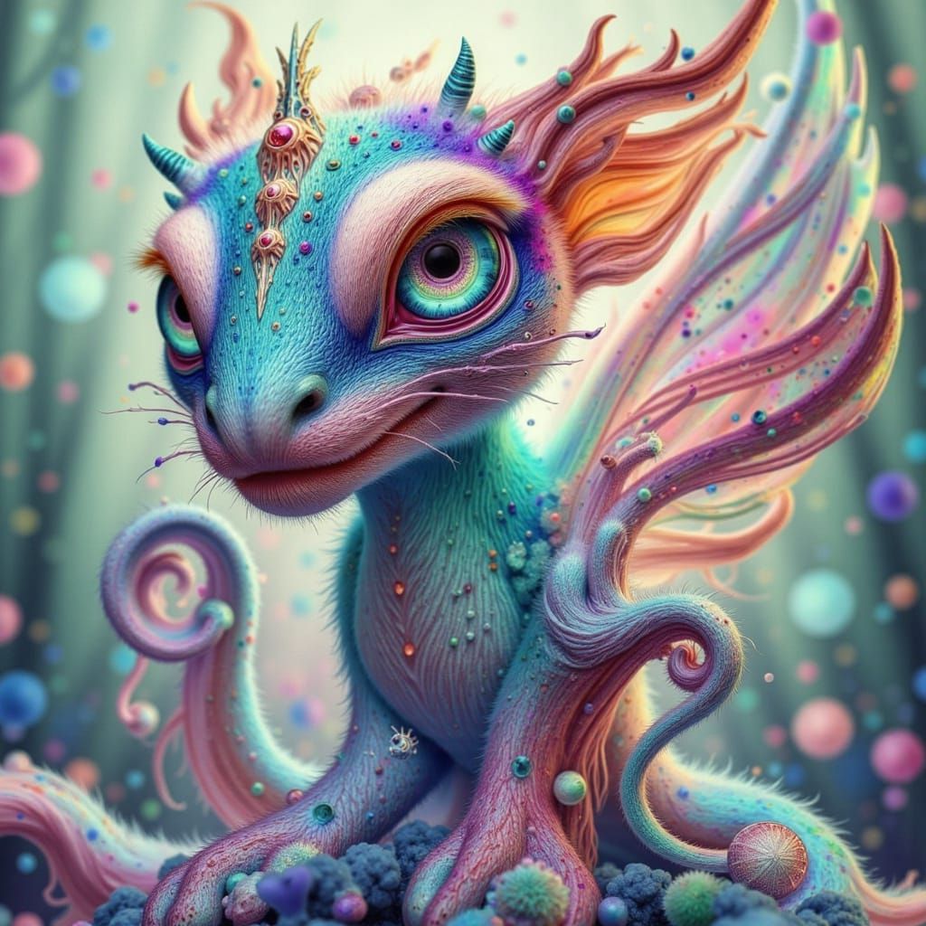 Surreal Fantasy Monster with Iridescent Scales and Dreamy Ba...