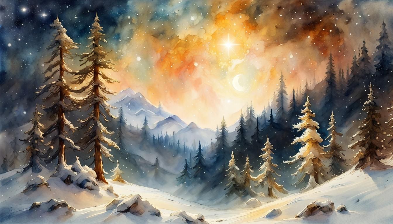 Watercolor Outerspace: Glistening Pines Under Moonlight