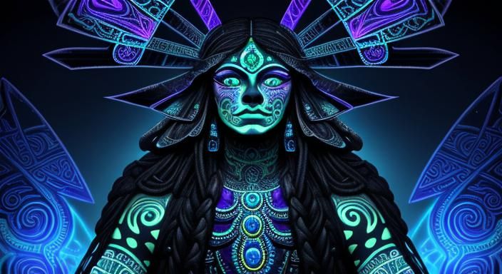 Aztec Gods and Temples in UV Blacklight Surrealism