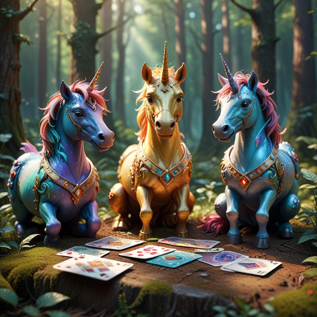 Whimsical Forest Scene with Unicorns Playing Cards in Vibran...