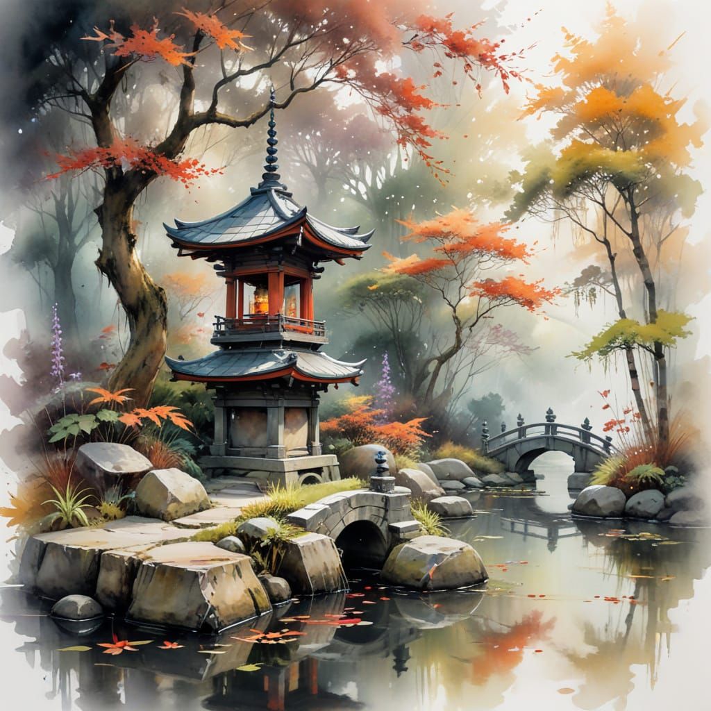 Autumn Temple Garden with Pagoda in Impressionistic Style