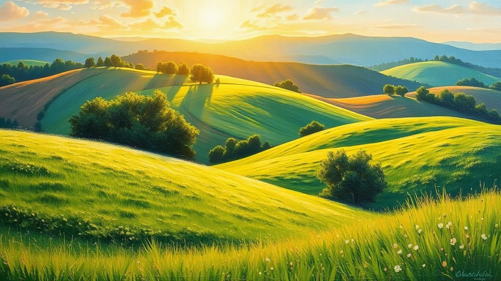 Neo-Impressionist Spring Landscape with Rolling Hills