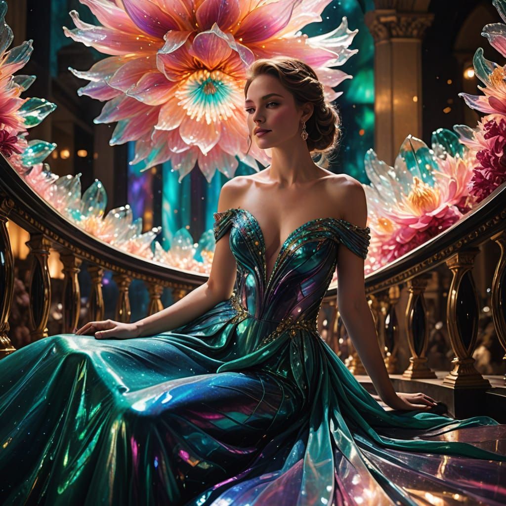 Elegant Woman in Iridescent Gown by Crystal Railing