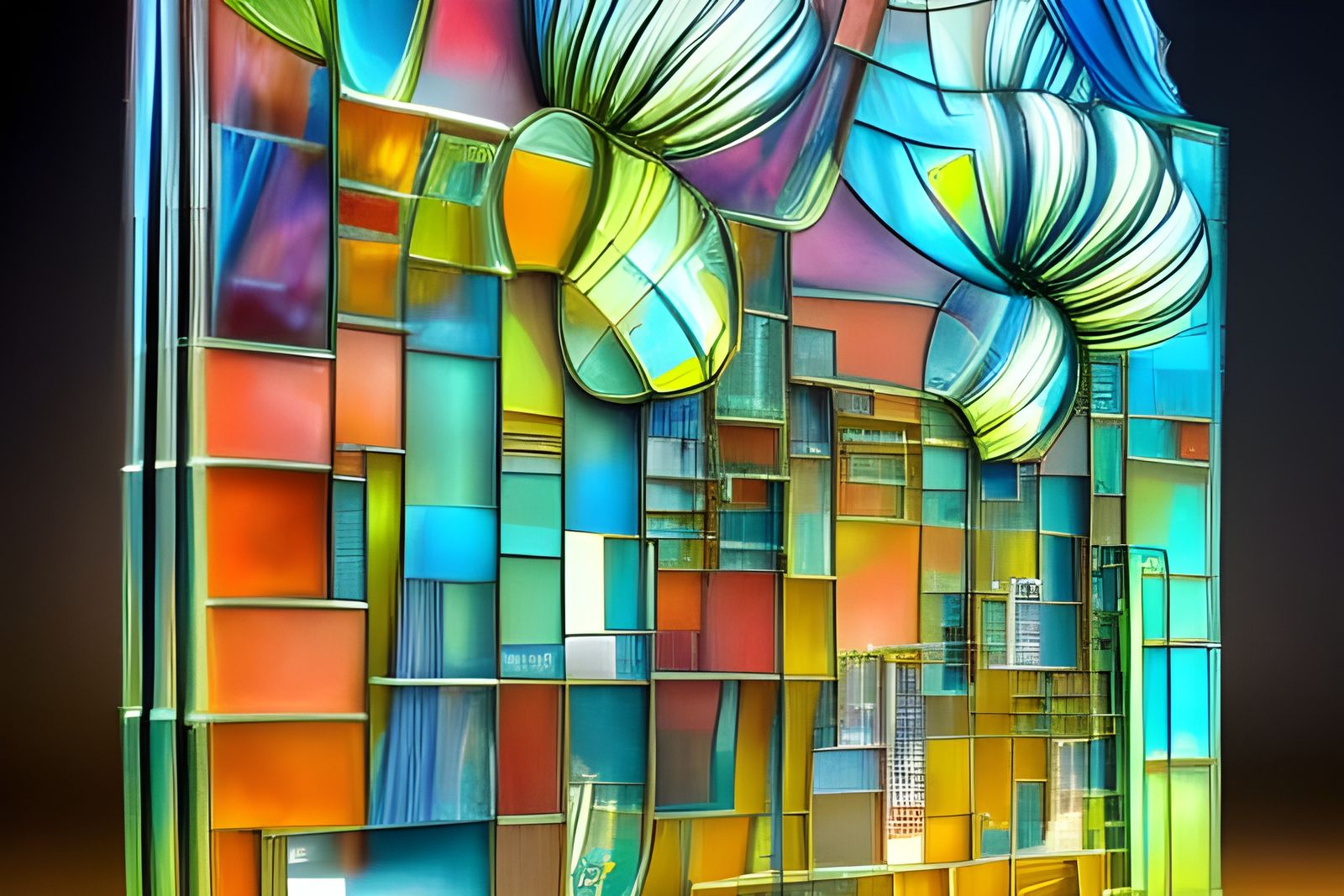 Retro-Futuristic Stained Glass Cityscape, 3D Sculpture