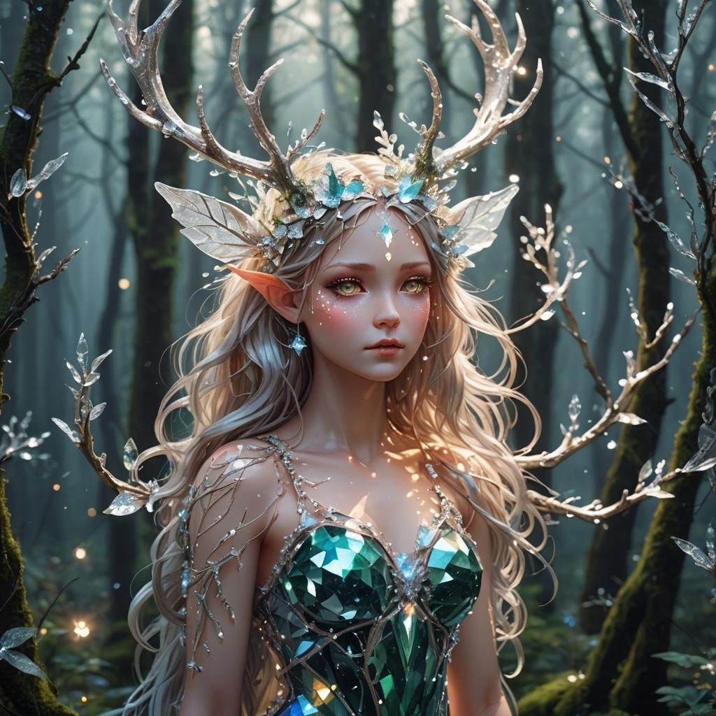 Crystalline Forest Nymph with Glowing Antlers