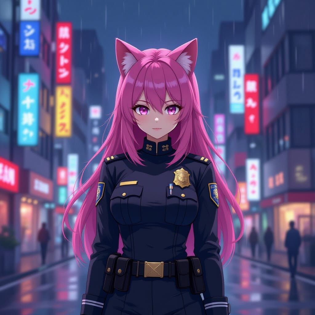 Anime Nekomusume Police Officer in Cyberpunk Shibuya