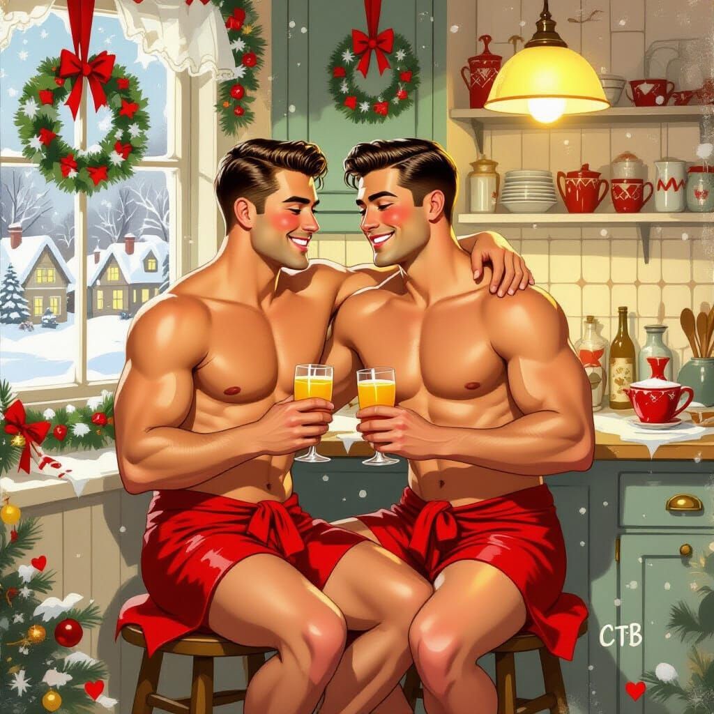 Vintage Holiday Card: Men Embracing in Cozy Retro Kitchen