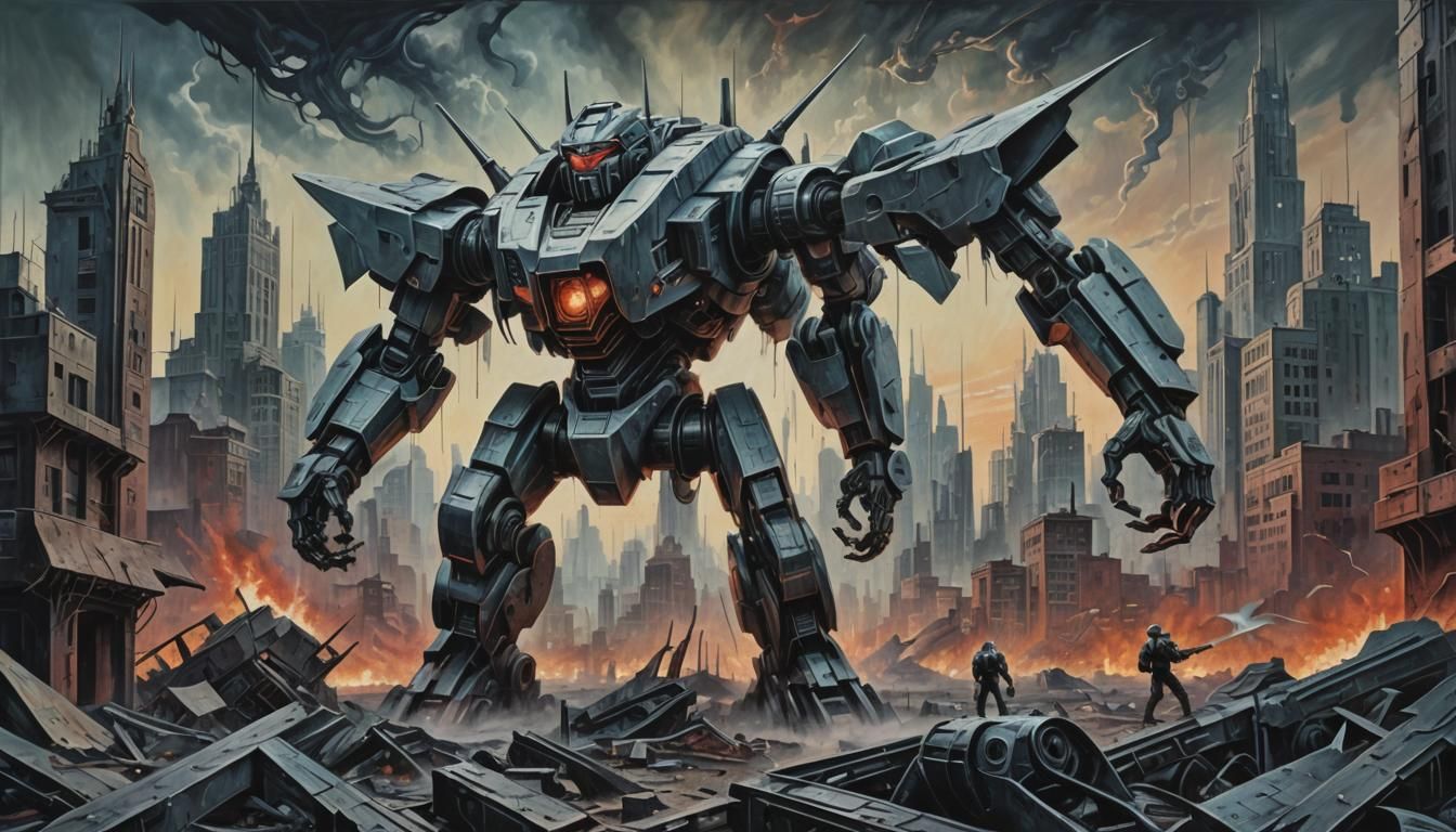 Mechas Fight in Surreal Abstract Cityscape