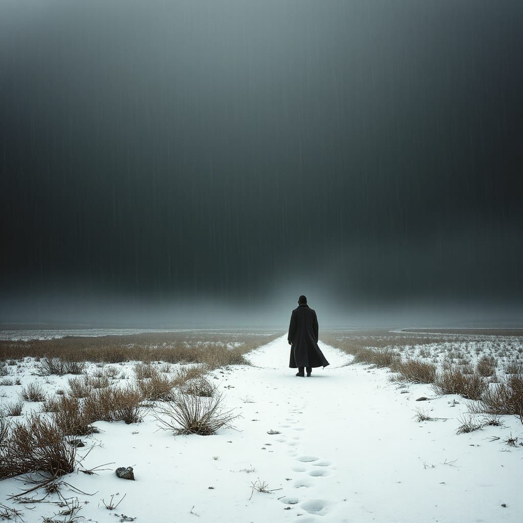 Melancholic Figure in Desolate Winter Landscape