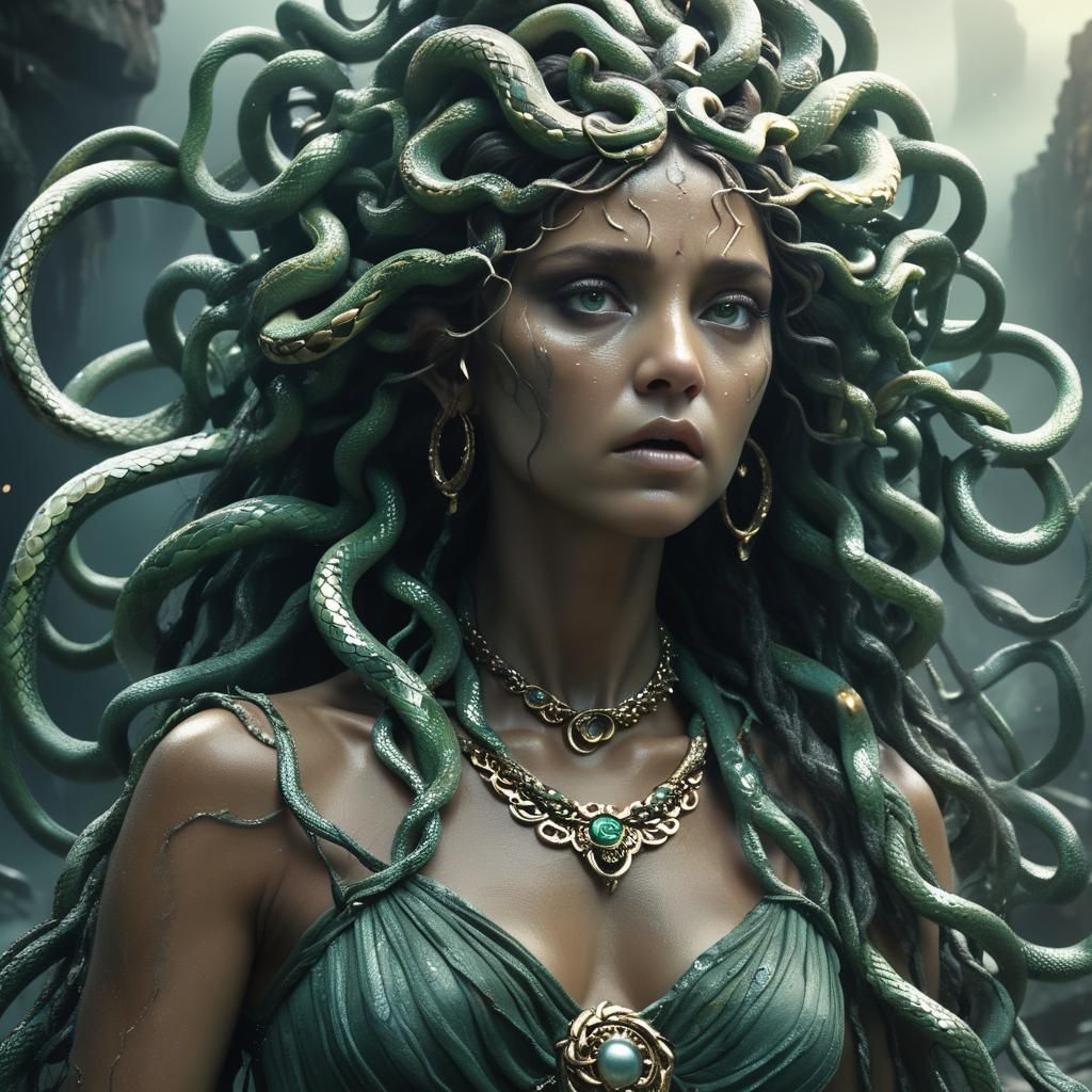 Medusa Portrait with Sorrowful Expression in Dark Fantasy St...
