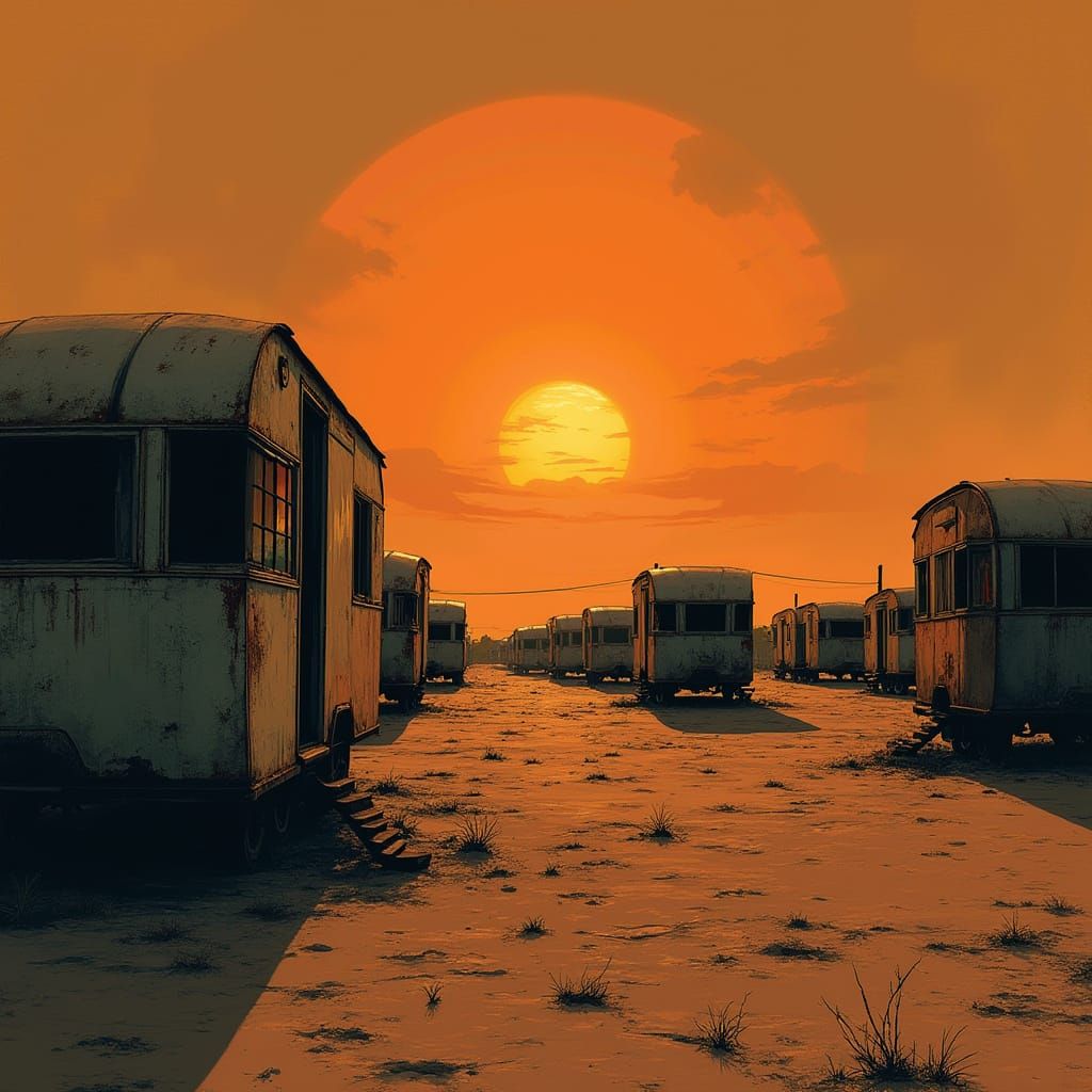 Haunting Desert Landscape with Abandoned Caravans in a Malev...
