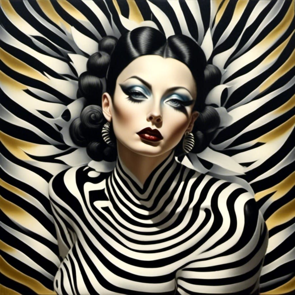 Woman with Zebras in Surreal Art Deco Style