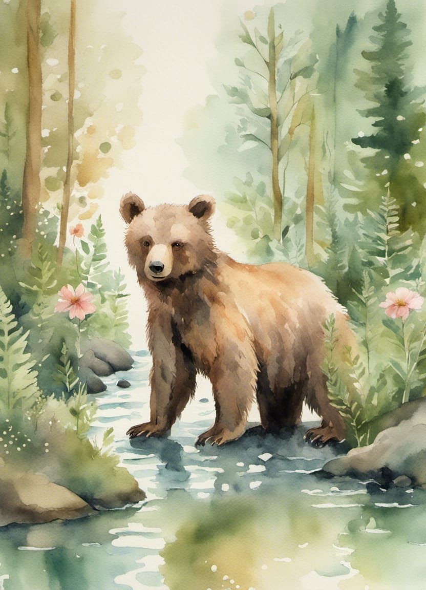 Pastel Forest Watercolor with Playful Bear Cub
