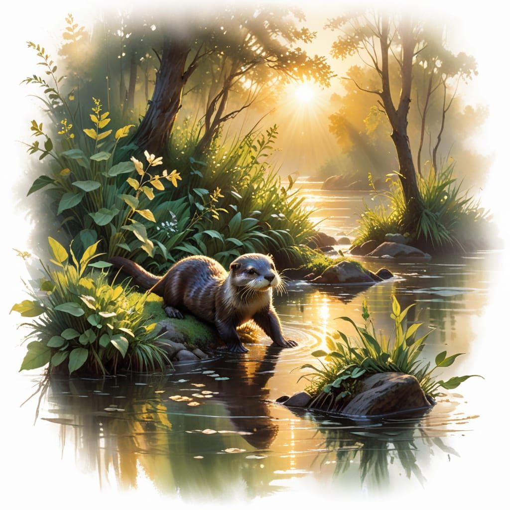 Joyful Otter in a Vibrant Riverbank Landscape