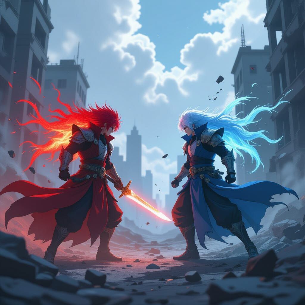 Anime Warriors Clash in Ruined City with Fiery Blue Auras