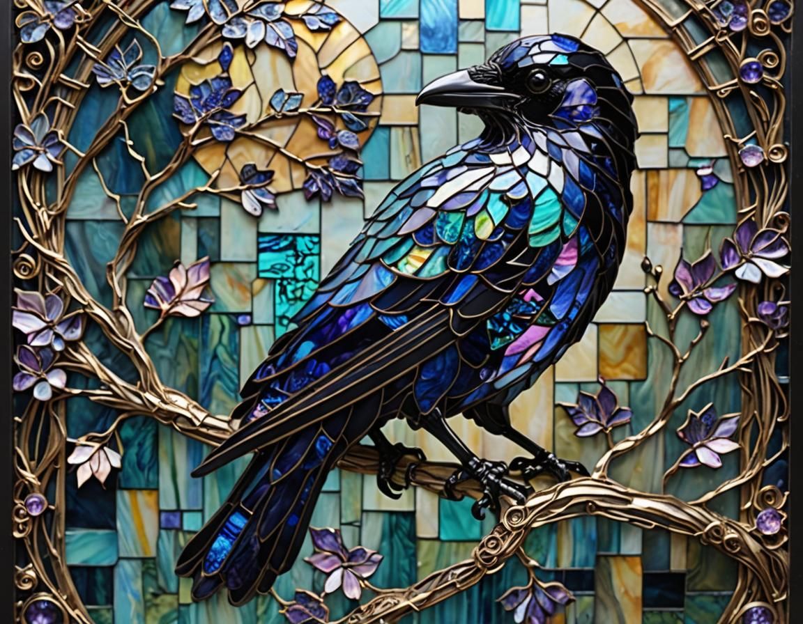 Stained Glass Raven Mosaic with Gold Macrame