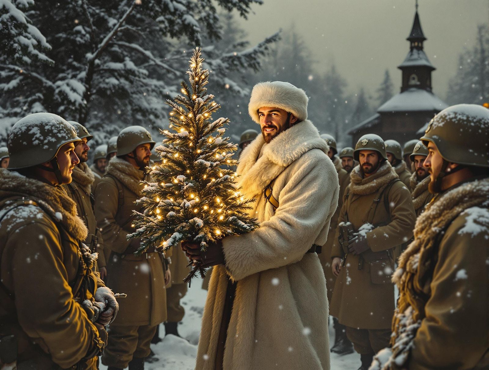 Winter Serenity Amidst War in Impressionist Style