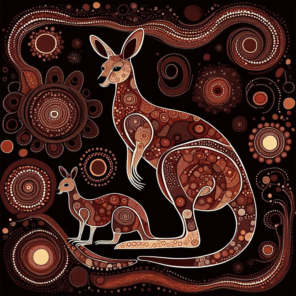 Kangaroo and Joey in Aboriginal Art Style