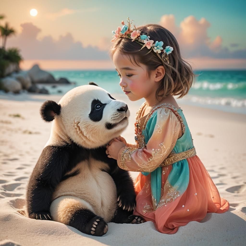Girl Kisses Panda on Beach: Detailed Matte Painting