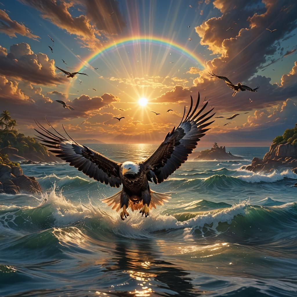 Eagle Grabbing Fish in Surreal Sunset Scene