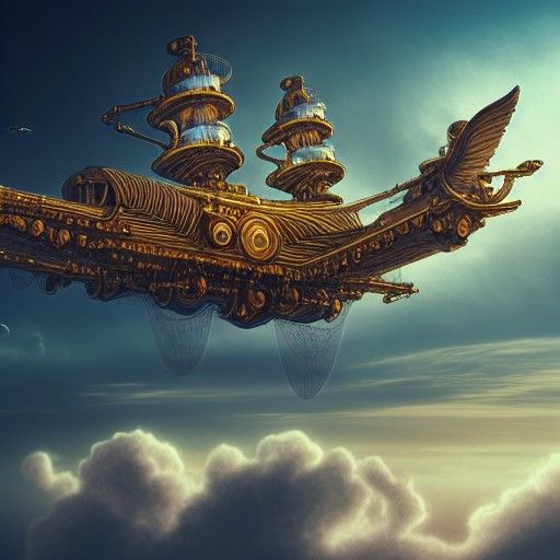 Steampunk Aetherpunk Flying Ship in Golden Hour