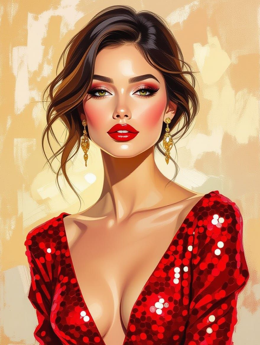 Woman in Red Sequins: Fauvist Expressionist Oil Painting