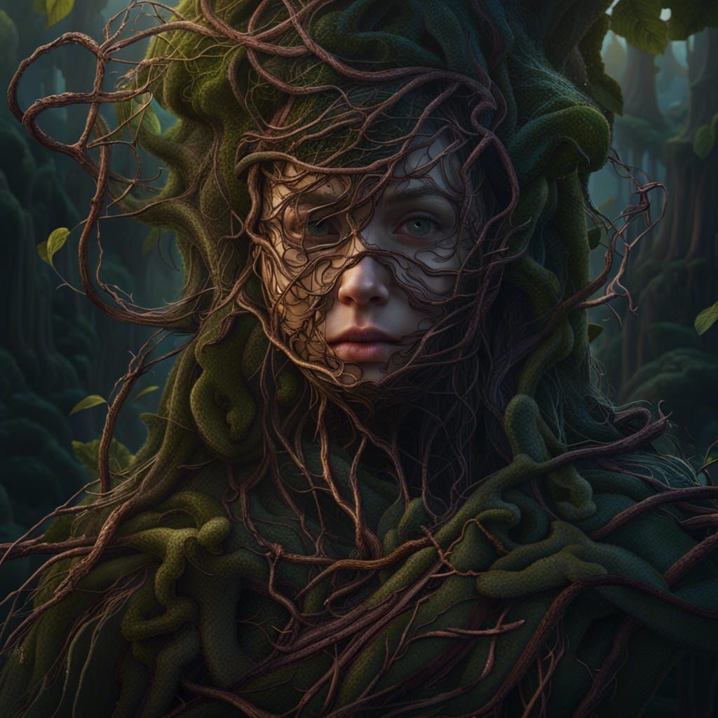 Face Covered in Tangled Roots: Fantasy Concept Art
