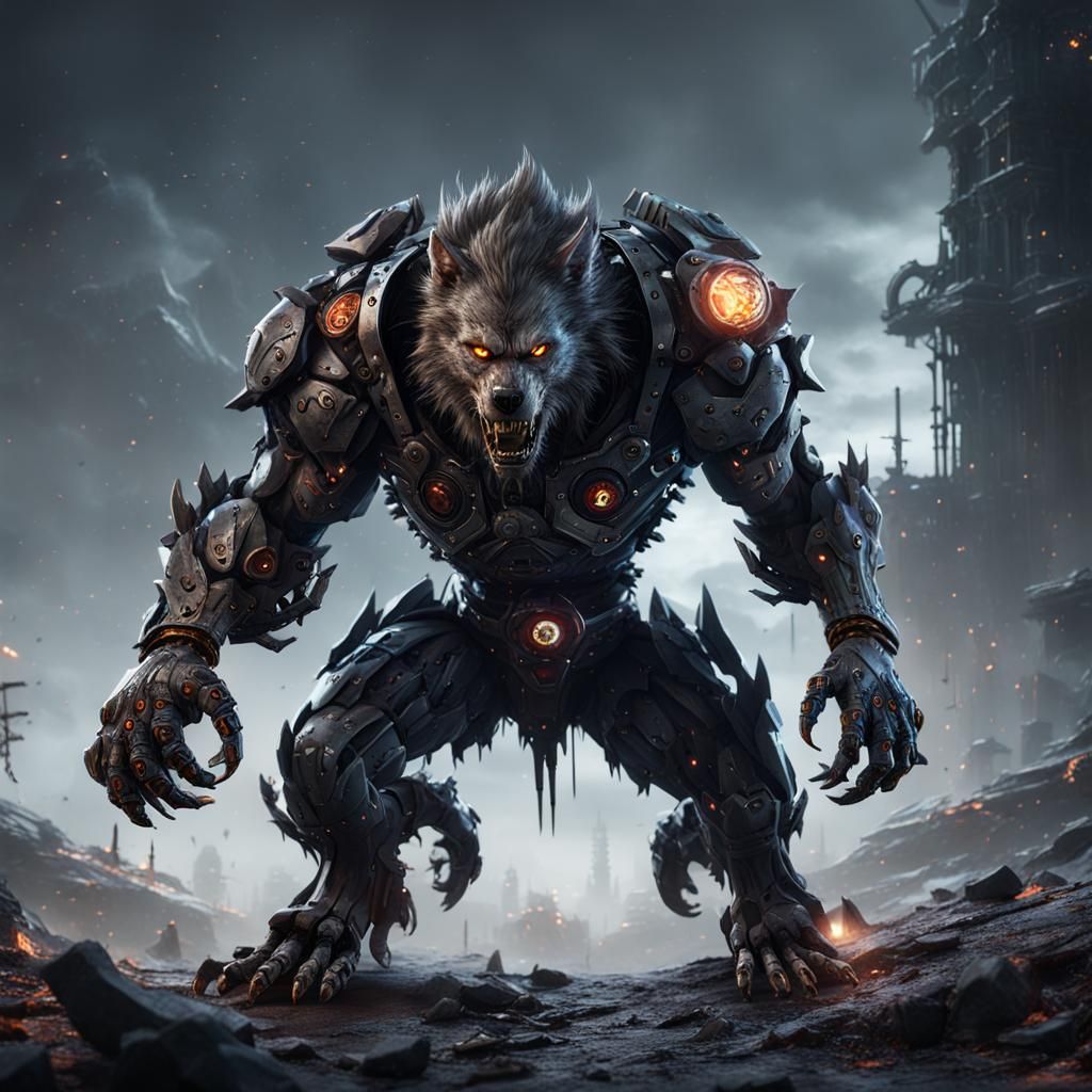 Cyborg Werewolf with Mechanical Claws, Detailed Art